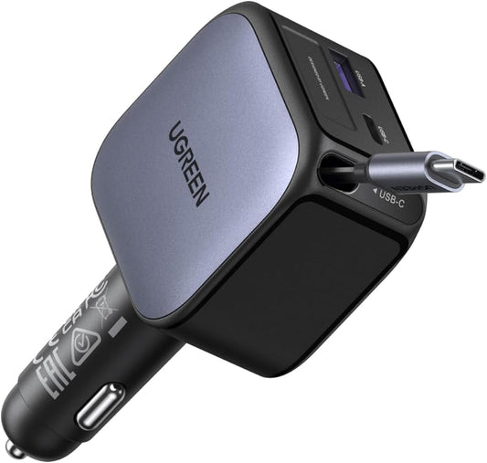 Ugreen Group Limited Ugreen Nexode 60W 3-Port Zigarettenanzünder Auto Ladegerät EC602 mit 30W USB-C Kabel & 12V Adapter für iPhone 16/15, Galaxy S25/24