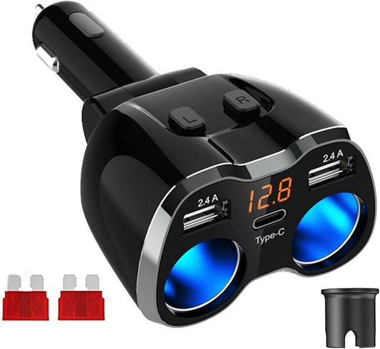 GemCoo 120W USB-C Auto Ladegerät 5-in-1 Zigarettenanzünder Verteiler mit 2x USB, Typ-C, 2x 12V/24V Steckdosen & Voltmeter