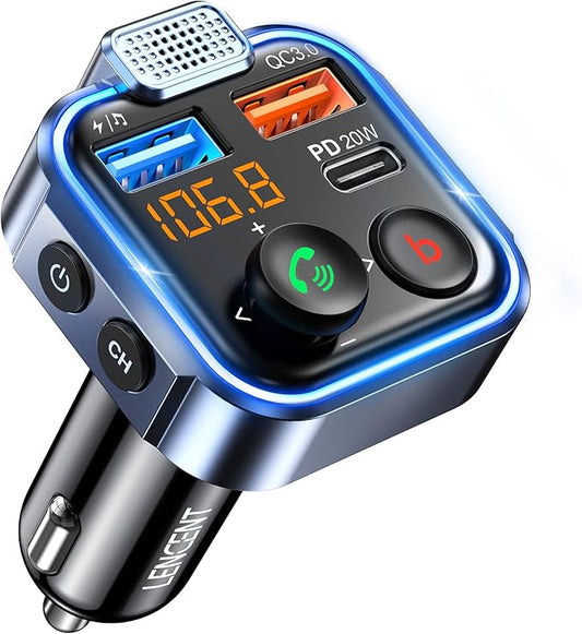 LENCENT BT23 38W FM Transmitter Auto Bluetooth 5.3 mit Noise Cancelling Mikrofon, 12V KFZ Schnellladegerät & Freisprechanlage