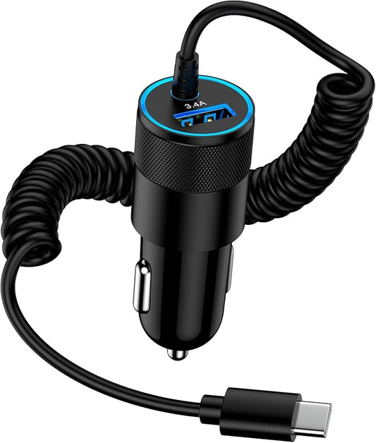 Ailkin EU 3.4A USB-C Zigarettenanzünder Adapter 12V KFZ Ladegerät mit 1.2m Spiralkabel für Samsung Galaxy & iPhone – AILKIN