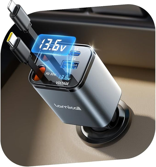 Lamicall 4 IN 1 Zigarettenanzünder USB C Auto Ladegerät 2025 - 69W Schnellladegerät mit Spannungsanzeige, 12V/24V KFZ Adapter für iPhone/Sam