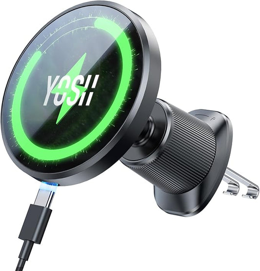 YOSH Magsafe Autohalterung CH3071 mit 15W Ladefunktion, Doppelhaken & N55 Magneten für iPhone 16 15 14 13 12