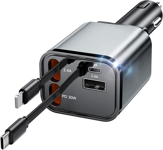 Aimtel Einziehbares Auto Ladegerät Zigarettenanzünder USB Adapter 69W Schnellladegerät KFZ Ladegerät USB C Zigarettenanzünder Kompatibel mit iPhone17/17 Pro Max/16/Galaxy S25/S25 Ultra/S24/Pixel 9