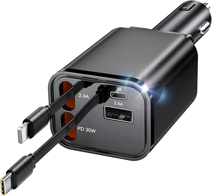 COCIVIVRE CZCD01 Auto Ladegerät 4 in 1, einziehbares Schnellladegerät mit Zigarettenanzünder USB für iPhone 16/15/14 Pro, Galaxy S24/23/22