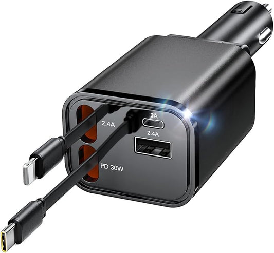 COCIVIVRE CZCD01 Auto Ladegerät 4 in 1, einziehbares Schnellladegerät mit Zigarettenanzünder USB für iPhone 16/15/14 Pro, Galaxy S24/23/22