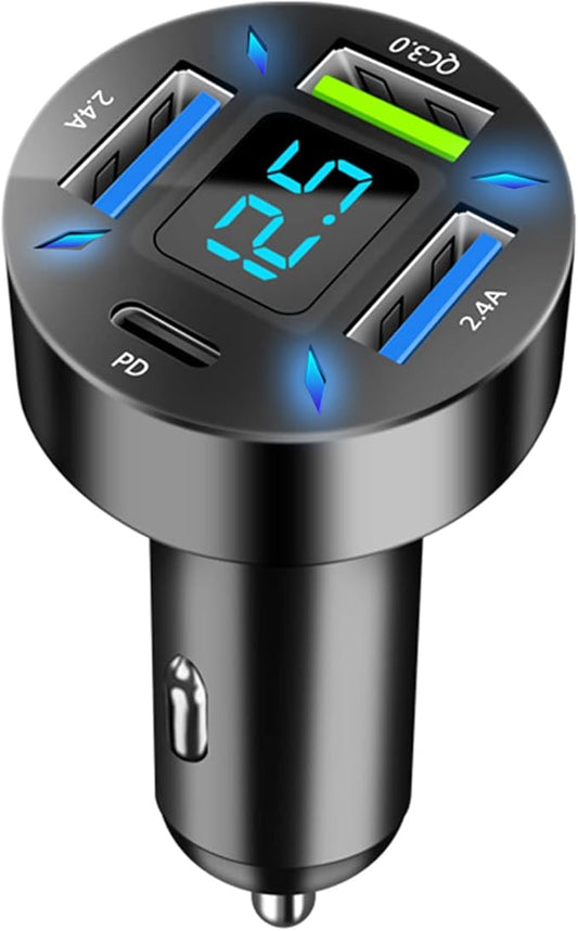 GemCoo 4-Port USB-C Auto Ladegerät 50W QC3.0 PD Schnellladegerät mit LED Voltmeter 12V Zigarettenanzünder Adapter für iPhone Android Samsung