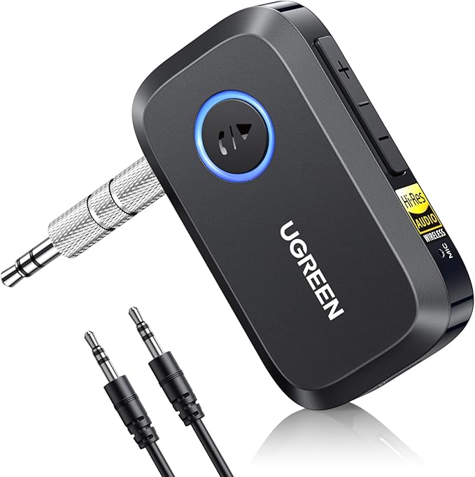 Ugreen Group Limited Ugreen Bluetooth 6.0 Adapter Auto mit LDAC Hi-Res Audio, 17h Akku, Klinken-Empfänger für Autoradio/Stereoanlage/Headset