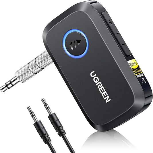 Ugreen Group Limited Ugreen Bluetooth 6.0 Adapter Auto mit LDAC Hi-Res Audio, 17h Akku, Klinken-Empfänger für Autoradio/Stereoanlage/Headset