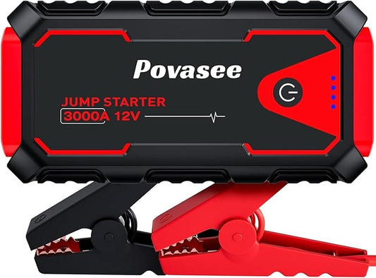 Povasee 3000A Starthilfe Powerbank 12V für Auto bis 10L Benzin/8L Diesel, 23800mAh mit LED-Taschenlampe, USB & Starthilfekabel