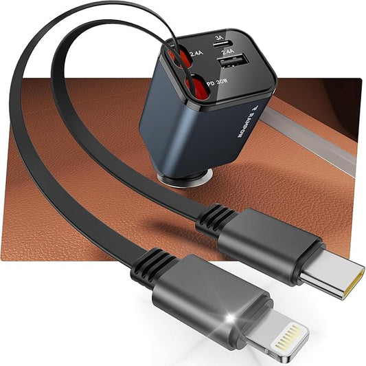 Rampow 65W Auto Ladegerät 4-in-1 USB-C Zigarettenanzünder mit einziehbarem Kabel für iPhone 16/15/14 Samsung S24/S23 – RBB31-EU